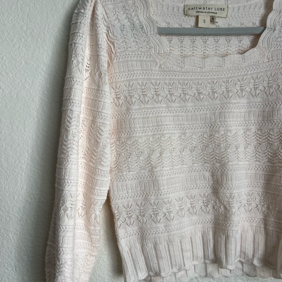 Saltwater luxe cream open knit blouse with a scoop neck and long sleeves - Picture 3 of 4